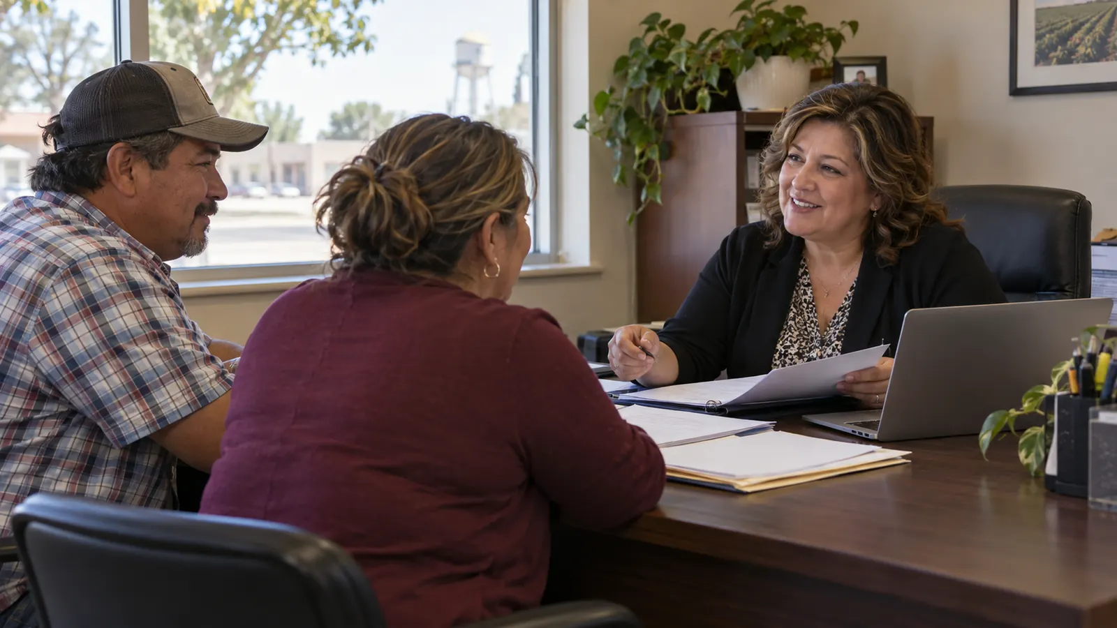 An agent at her desk going over policy papers with a couple seated across from her, a water tower outside the window