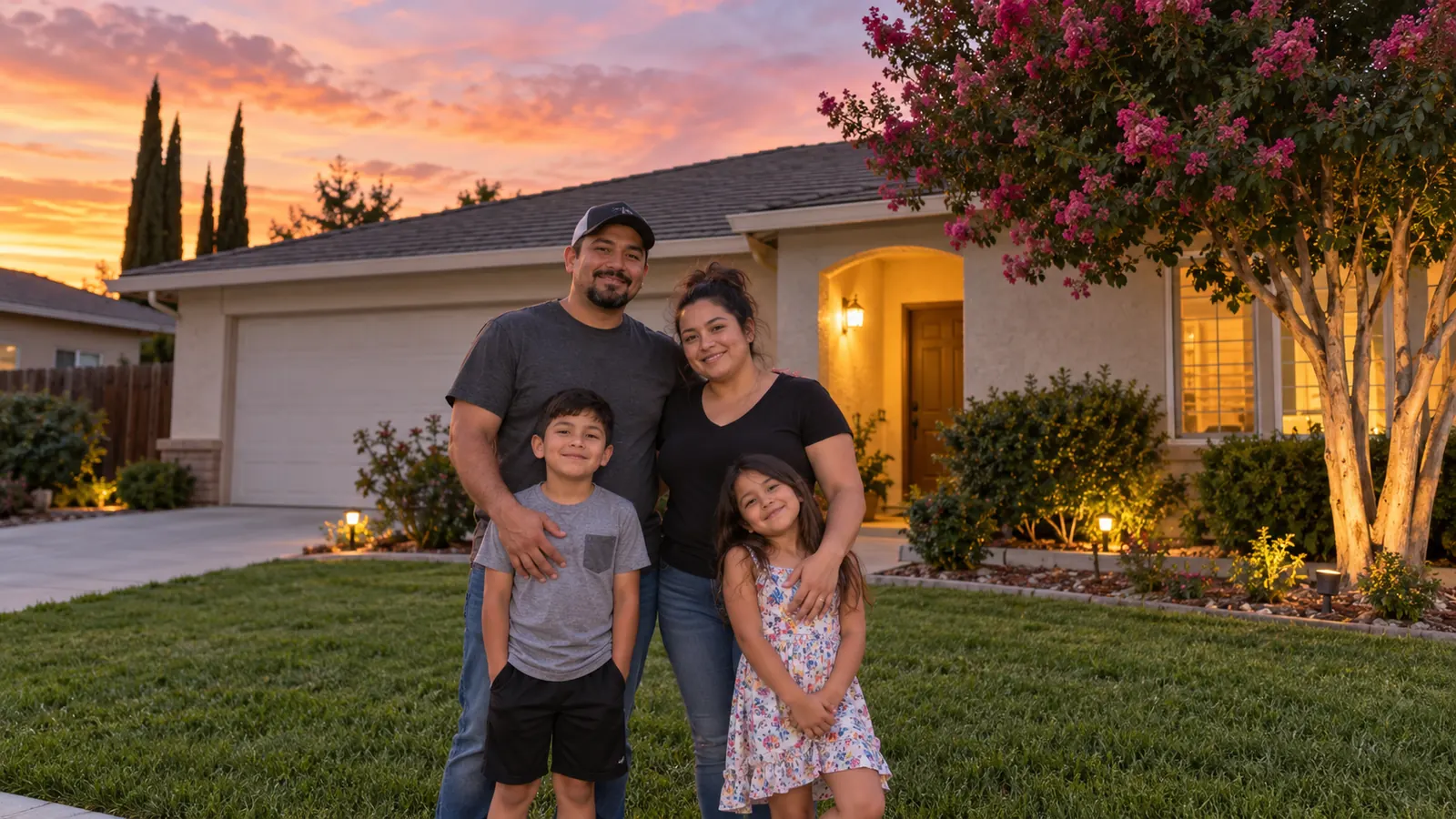 A family of four on the front lawn of their stucco home at dusk, a crepe myrtle in bloom beside the door