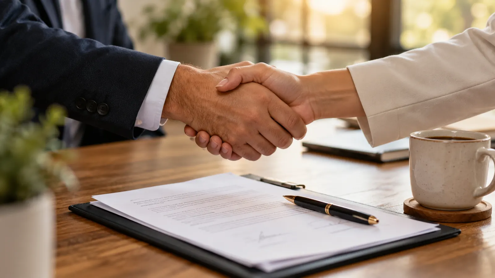 Two people shake hands across a wooden desk over a signed policy, a pen and a cup of coffee