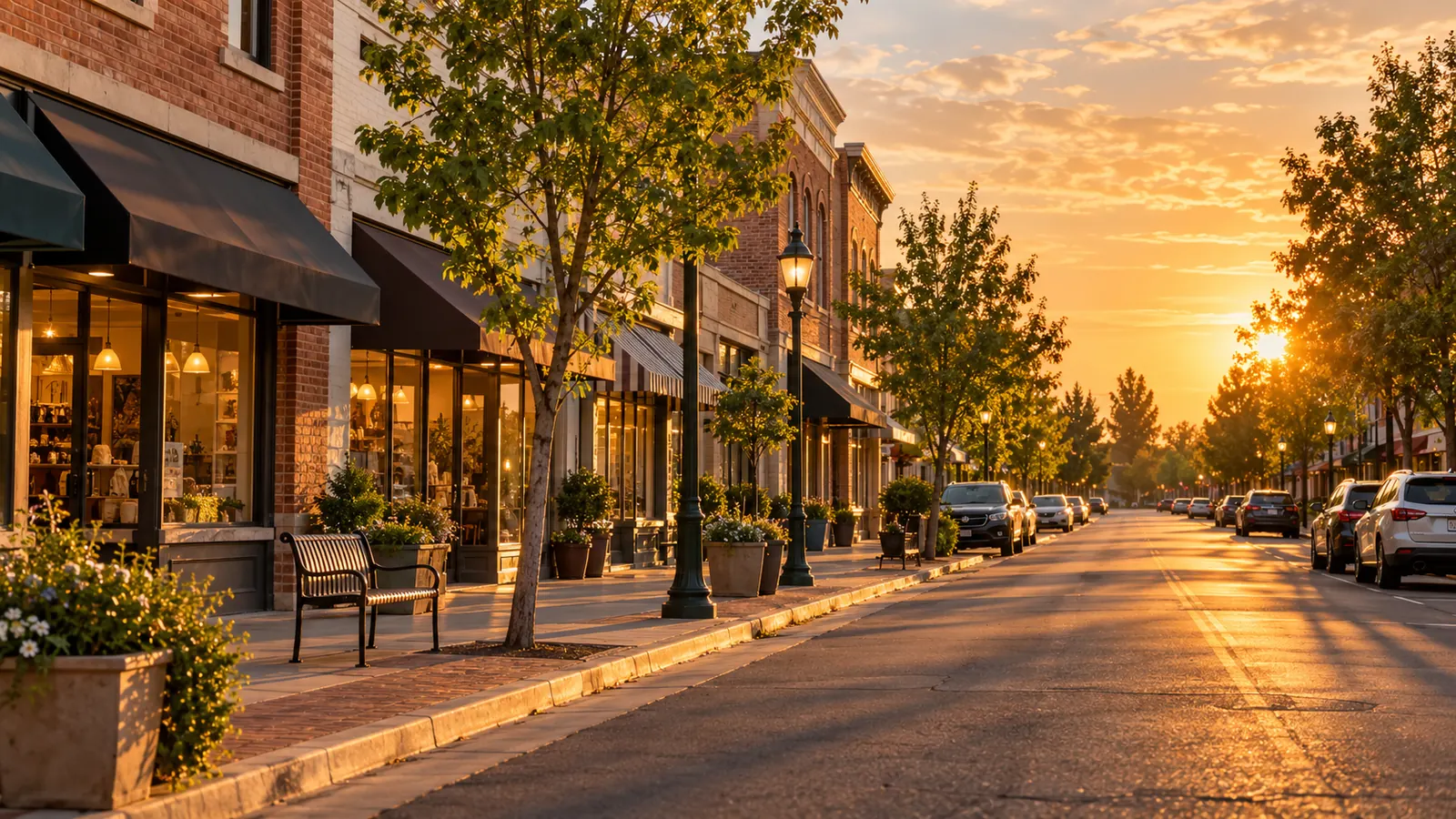 Golden evening light down a tree-lined main street of brick storefronts, benches and planters