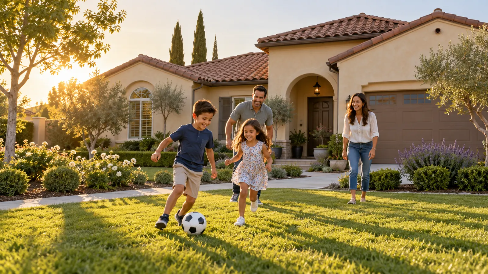 Two children chase a soccer ball across a sunny front lawn while their parents follow, a tile-roofed house behind them