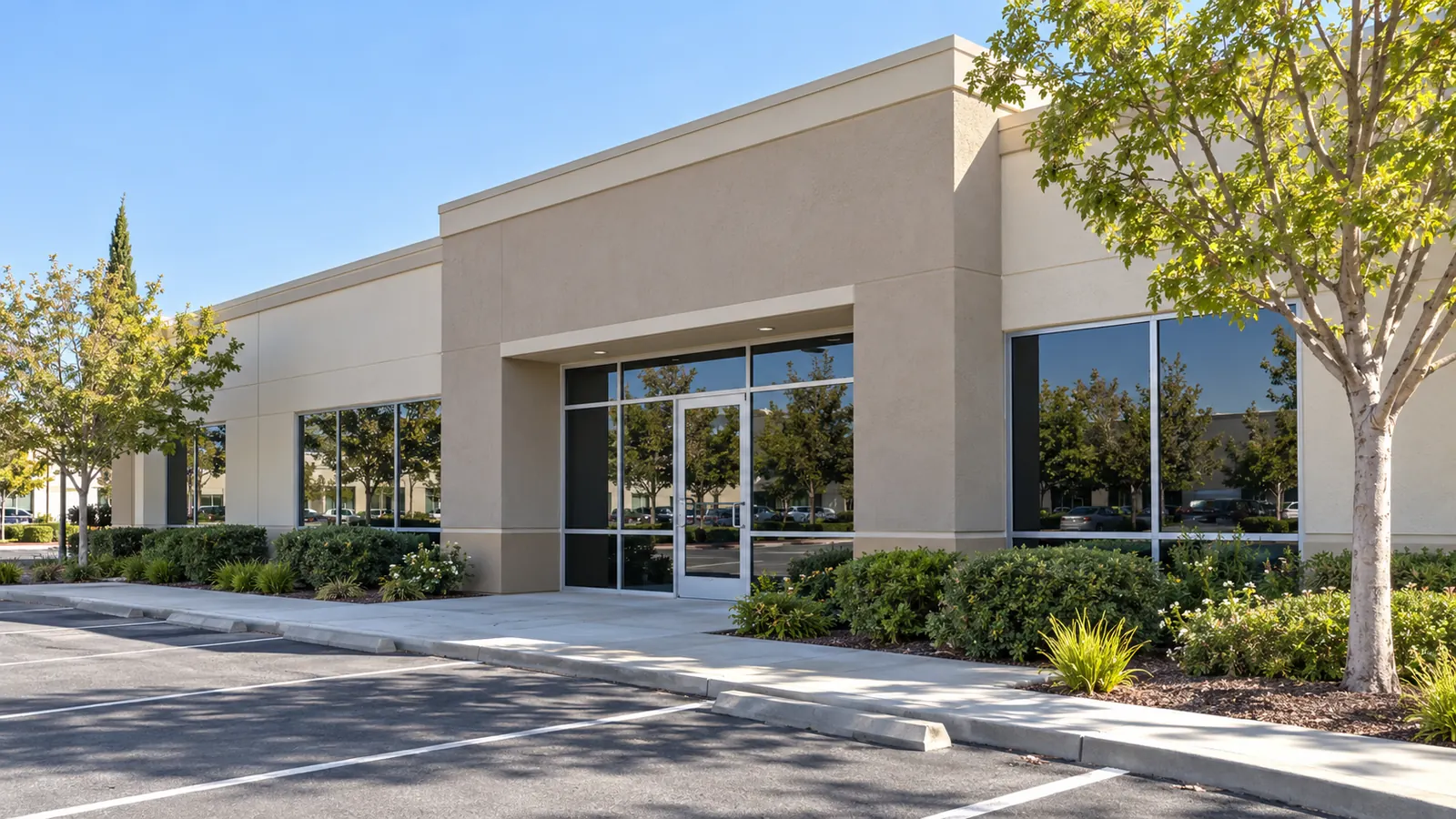 A single-story stucco office building with a glass front door, shrubs along the walk and parking out front
