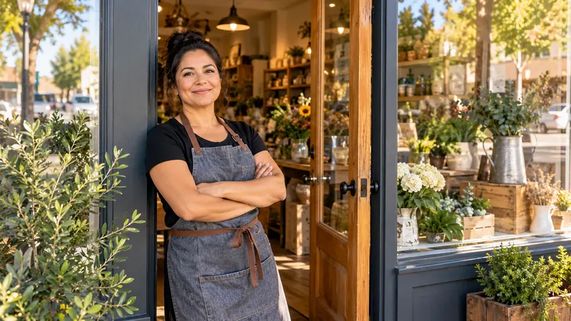 A shop owner in a denim apron standing with her arms folded in the open doorway of her store